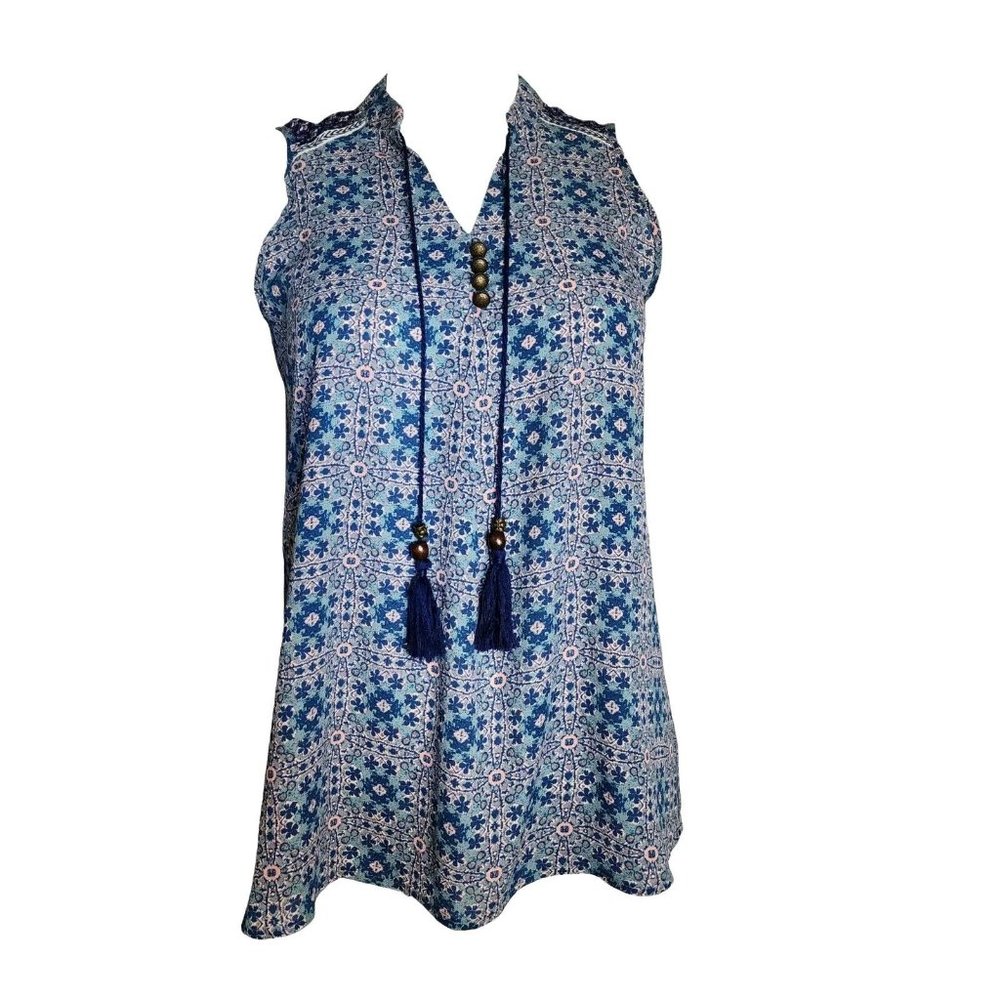NWT REWIND Blue Pink Floral‎ Sleeveless Pullover Tassel Top Womens Size S Small